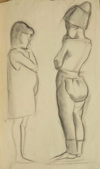 Изображены мальчик и девочка. Девочка в коротком платье, правая рука - поднята к лицу. Мальчик  изображен  в левый профиль; без рубашки, в большой шапке.