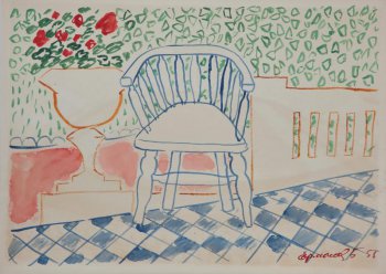   В центре композиции изображено голубое кресло, слева вазон с красными цветами. Вдали- условное изображение листьев.