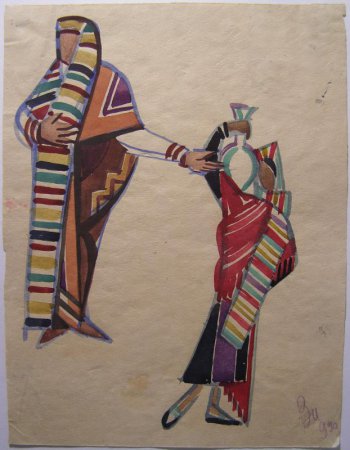 В левой части композиции изображен мужчина в коричневом плаще, длинном полосатом шарфе, одетом на голову; правой рукой поддерживает шарф на груди; левая рука обращена к женщине стоящей справа. На женщине - черное платье, полосатый шарф и красная шаль, накинутая на плечи; на правом плече женщина держит кувшин.