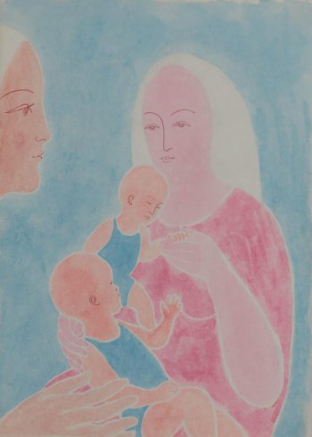 На голубом фоне поясное изображение женщины в розовом платье с двумя грудными детьми; слева вверху профильное изображение женского лица.