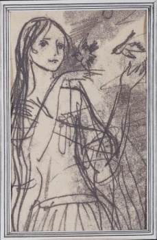 Победренное изображение девушки с распущенными волосами и тремя руками; справа вверху - две летящие птицы.