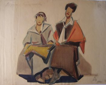 Изображены две сидящие молодые женщины. Справа - высокая в коричневом платье с белым воротником и с галстуком; на плечи накинут красный платок. Слева - в костюме серого цвета с коричневым галстуком; на коленях держит валенок.