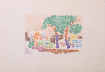 Летний городской пейзаж. На первом плане изображены кустарники, два высоких дуба. В центре композиции - одноэтажные и двухэтажные разноцветные дома в окружении деревьев.