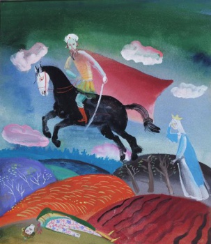 На первом плане слева изображено лежащее на холме тело юноши с отрезанной головой. На втором плане справа - девушка в серо-голубой одежде и в короне. Над ними , в центре композиции, всадник с саблей на черном коне с белой гривой.