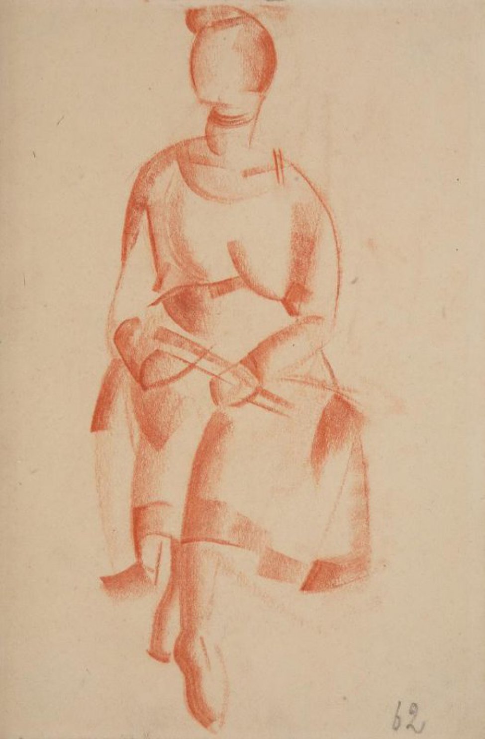 Изображена сидящая молодая женщина; голова в повороте влево. руки лежат на коленях; ноги заложены одна на другую.