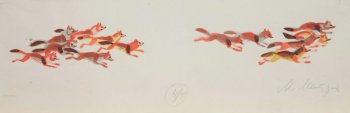 На листе изображены две стаи красных собак, бегущих друг за другом.