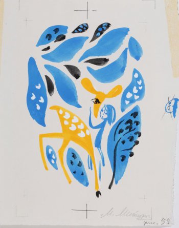 Стилизованное изображение девочки, обнимающей за шею олененка. По правому полю в середине - набросок лица синей краской, перечеркнутый графитным карандашом.