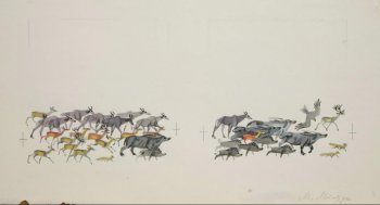 В левой части композиции изображено стадо из антилоп, оленей, возглавляемое буйволом; справа - изображены кабаны, буйвол, лисы, коршун.