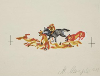 Изображена схватка серого волка со стаей рыжих собак.
