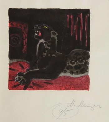 На черно - бардовом фоне изображена лежащая черная пантера.
