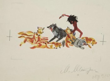 Изображена схватка двух серых волков и Маугли с рыжими собаками.