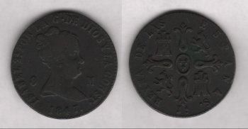 Аверс: В центре -- портрет (бюст) королевы Изабеллы II вправо: молодая женщина с «утиным» носом, волосы уложены на затылке и увязаны в пучок. По сторонам от портрета обозначение номинала: 8 (слева)  М (справа). Вокруг портрета надпись с разрывом внизу: ISABEL 2А POR LA G. DE DIOS Y LA CONST. Под портретом (в месте разрыва надписи) дата: 1847. По краю монеты узкий зубчатый буртик.
Реверс: В центре -- геральдическая композиция: четырёхконечный крест из 4 элементов растительного орнамен- та с 3 лепестками на концах (т.н. лилиевидный крест); между концов креста гербы: в правой верхней и левой нижней части герб Кастилии -- трёхбашенный замок, в левой верхней и правой нижней части герб Леона -- коронованный геральдический лев вправо; в центре (разделяет концы креста) символ династии Бурбонов -- овальный щит с 3 лилиями, расположенными в виде треугольника. Вокруг композиции над- пись с разрывами вверху и внизу: REYNA DE LAS  ESPANAS. Внизу(в разрыве надписи) знак монетного двора -- Jа. По краю монеты узкий зубчатый буртик (различим только внизу).