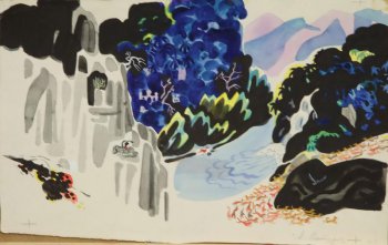 Стилизованное изображение пейзажа с водопадом. Слева на отвесной скале изображен Маугли со свернувшимся питоном; справа - бегущая стая красных собак.
