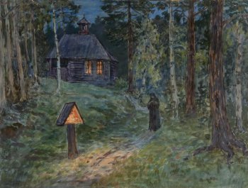 Изображена часовня ночью, окруженная лесом; в двух окнах часовни виден свет. На переднем плане слева стоит крест с двускатной крышей, из-под которой виден свет. По тропинке к кресту идет женщина, одетая в черное.