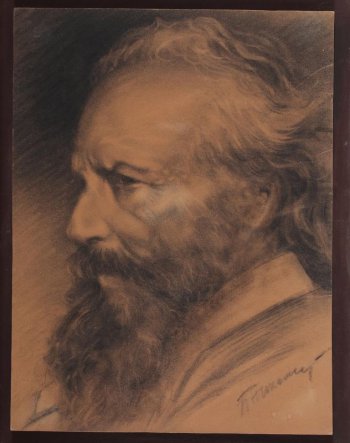 Изображен погрудно в левый профиль пожилой мужчина с высоким лбом, прямым носом, бородой, длинными волосами, зачесанными назад.