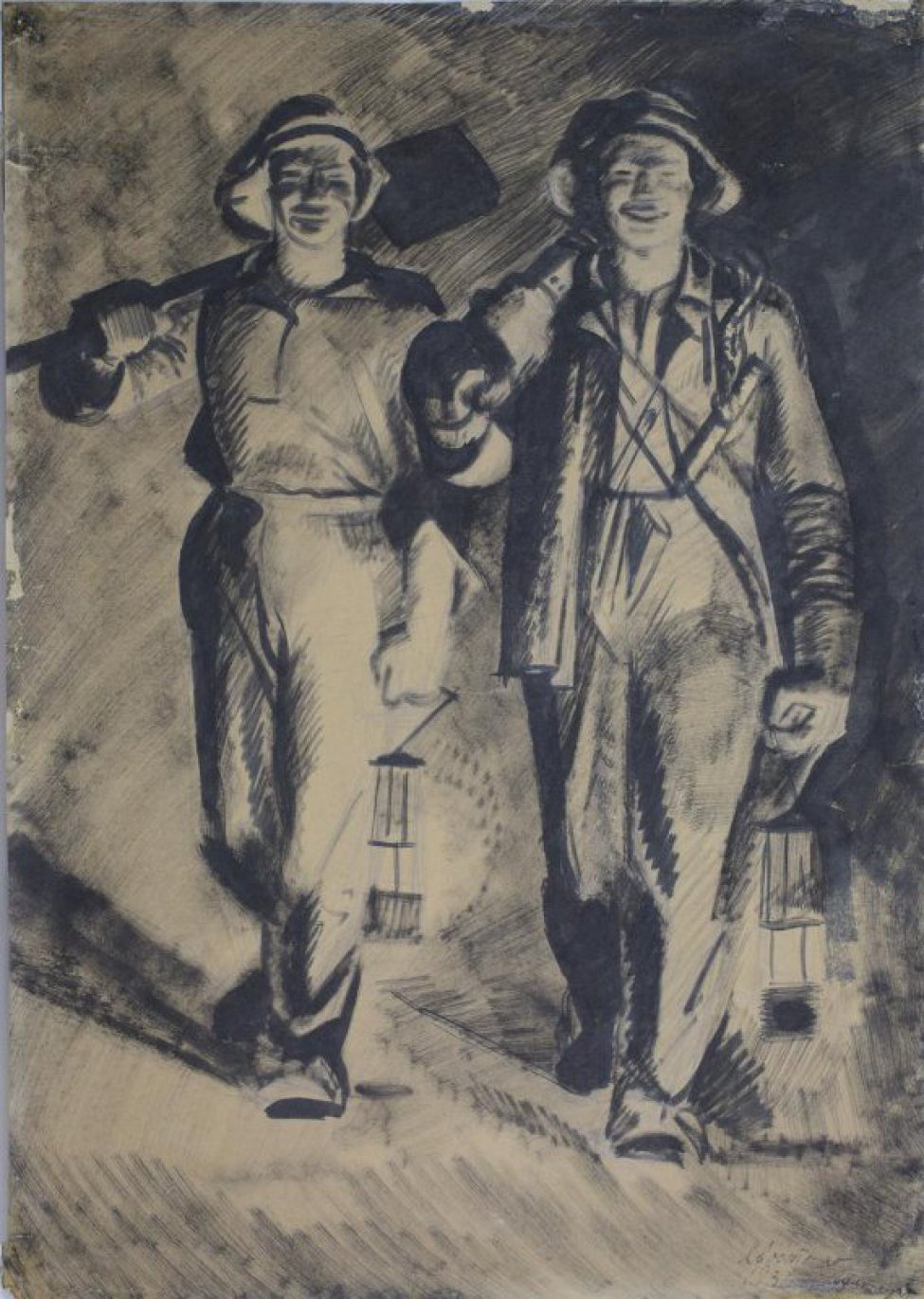 На первом плане изображены два шахтера; в руках лампы. Шахтер, идущий слева, несет на плече лопату; у другого шахтера в руках инструмент.