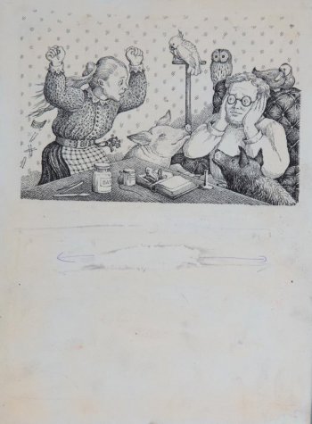 Изображен доктор Айболит сидящий в кресле перед столом. Вокруг него животные и птицы - собака, свинья, утка, филин, попугай. Перед ним - женщина с поднятыми вверх руками.