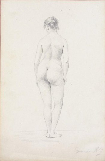 Изображена в рост обнаженная женщина, спиной к зрителю. Руки опущены вдоль туловища. Голова повернута немного влево.