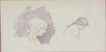 Изображены: слева женская головка в правый профиль, в белой косынке на темном фоне. Справа - девушка погрудно, в правый профиль, с волосами, заплетенными в косу. Голова ее наклонена вперед.