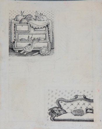 В левом верхнем углу листа изображен комод. На комоде и в его ящиках - зайцы. В правом нижнем углу - диван. На диване  сидит еж.