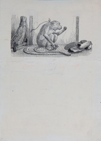 Под дверью на коврике изображена обезьяна с веревкой на шее. Слева - метла, справа - калоши.