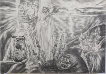 Условное изображение на первом плане посередине травы, кристаллов; слева - горящая свеча. На втором плане на фоне водного пространства - фигура мужчины в рост в хитоне с нимбом над головой.