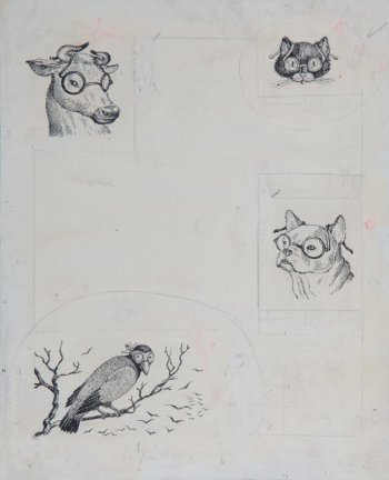 На листе изображены: в верхнем левом углу - корова; правом - кошка; посередине листа справа - собака; в нижнем левом углу - ворона. Все - в очках.