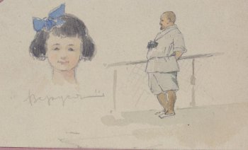 Изображено: слева головка девочки лицом к зрителю, с синим бантом в черных волосах, подстриженных под кружок.Справа - мужчина в левый профиль, в летнем костюме с биноклем на груди, с заложенными назад руками, стоящий у решетки на террасе парохода.