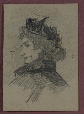 Изображена молодая женщина оплечно в левый профиль, спиной к зрителю, в пальто с воротником и маленькой шляпкой на голове.