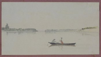 Изображена река, справа на ней - лодка с фигурой человека. Правее - берег с кустами. Вдали - берег, покрытый лесом.