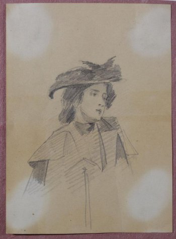 Изображена молодая женщина погрудно, в полоборота вправо, в пальто. Волосы собраны низко на затылке узлом. На голове - шляпа с полями.