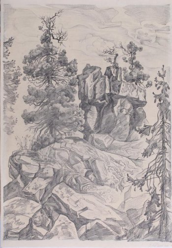 На первом плане справа изображен фрагмент дерева, скалы. На втором плане слева на обрыве - кедр. Вдали слева на высокой скале на фоне неба - силуэты двух кедров.