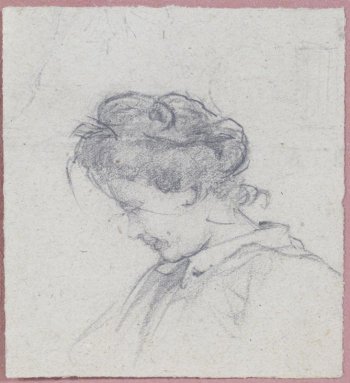 Изображена погрудно молодая женщина в левый профиль. Голова наклонена вперед, пряди волос спускаются на лоб. Одета в платье с белым воротником.