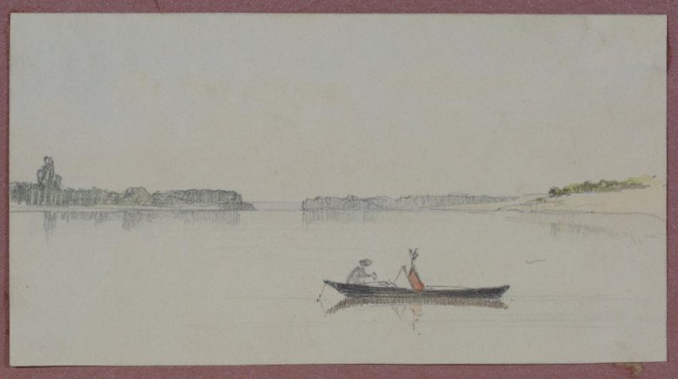 Изображена река, справа на ней - лодка с фигурой человека. Правее - берег с кустами. Вдали - берег, покрытый лесом.