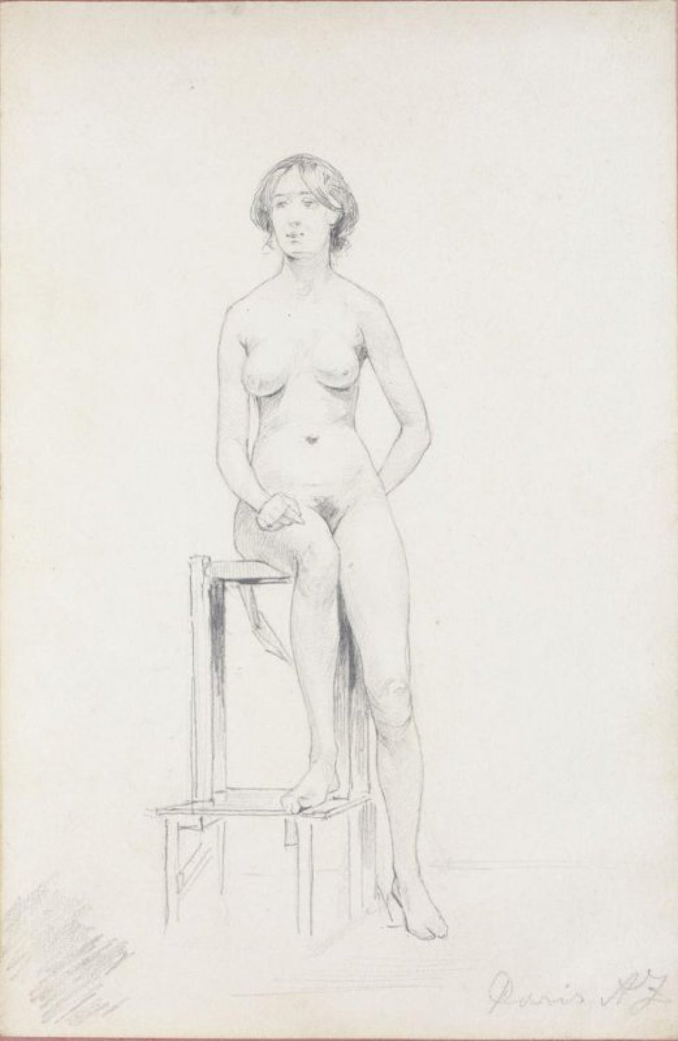 Изображена фигура обнаженной женщины, стоящей на постаменте лицом к зрителю. Правая рука лежит на правом колене, левая заложена за спину. Правая нога опирается на ступеньки, левая стоит на полу.