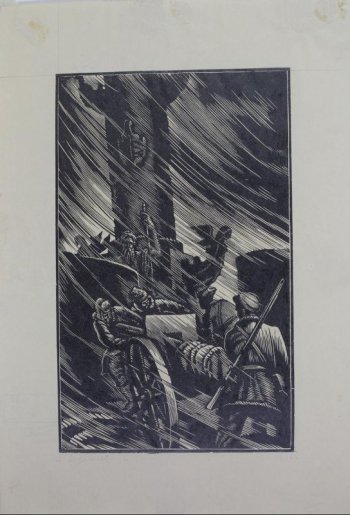 Изображена Ростральная колонна, возле которой вооруженные рабочие и солдаты устанавливают пушку.