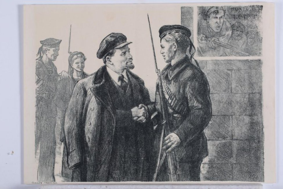В центре листа- поясное изображение В.И.Ленина,  пожимающего руку матросу. Слева на втором плане две фигуры матросов,  справа на стене плакат. Внизу слева" Спасибо матросам". Внизу справа: " НЖ 1967".