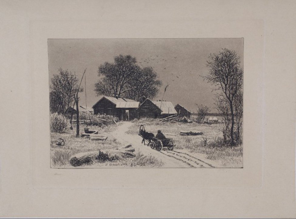 Справа в глубину, по диагонали - запорошенная снегом дорога, на ней - телега. На заднем плане - группа крестьянских домов с белыми от снега крышами.