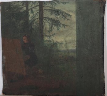 Изображен мужчина за мольбертом в лесу с палитрой в руке. Правая сторона изображения закрыта зеленой полосой.