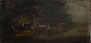 Изображен пейзаж со стадом коров у реки. На берегу под деревом - фигура девочки.