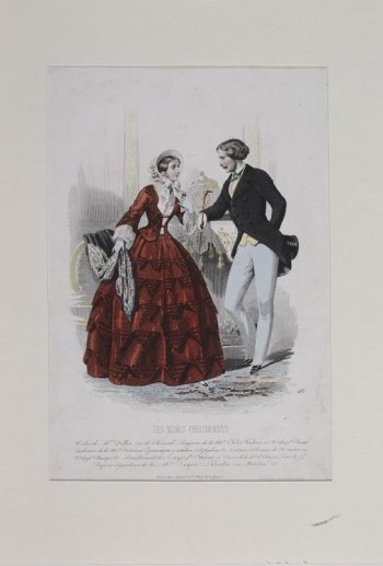 Изображена мужчина и дама, одетая в коричневое платье, с белой кружевной отделкой и белый капор. Мужчины в черном жакете и серых брюках. В руках трость и цилиндр.