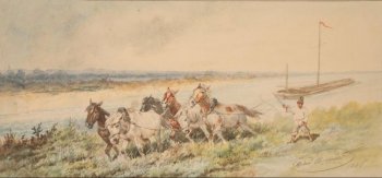 Изображены на переднем плане шесть лошадей, запряженных в барку, которые идут по высокой траве берега. За лошадями идет босой погонщик в белой рубахе и штанах, с кнутом в руках.