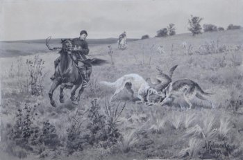 На первом плане справа изображены две собаки, вцепившиеся в волка. В центре композиции - охотник верхом на лошади, за ним две собаки. На дальнем плане - охотник на лошади, два стога сена.