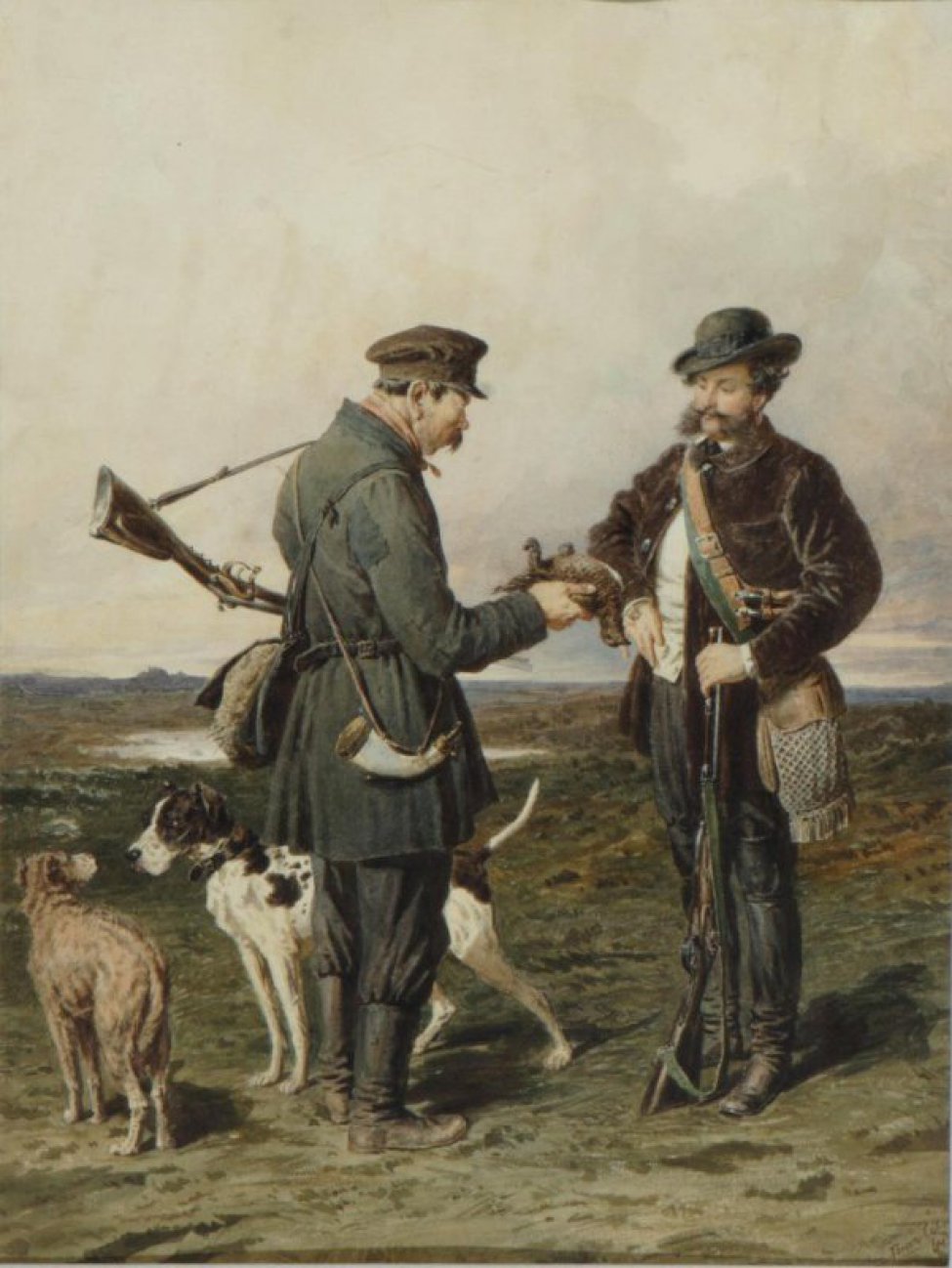 В поле изображены два охотника, стоящие друг перед другом. Справа - барин, слева - крестьянин. Крестьянин протягивает барину куропатку; слева - две собаки.