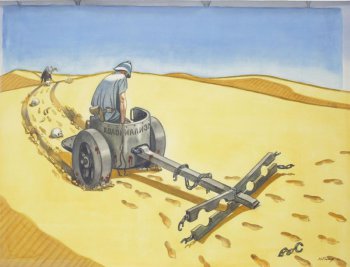 На желтом фоне пустыни изображен пулемет с надписью: 