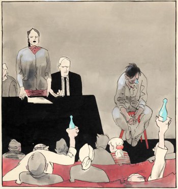 За председательским столом, покрытым черной скатертью, стоит женщина-судья, рядом с ней два заседателя. На табурете изображен мужчина с синим носом. На переднем плане сидят зрители, двое из которых голосуют с поднятыми бутылками.