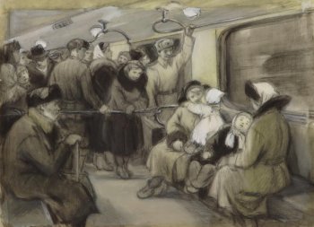 Изображен вагон метрополитена. На первом плане справа - сидящие на диване две женщины с детьми, слева - сидящий старик.  На втором плане - группа пассажиров держащихся  за поручень.