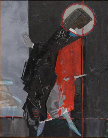 На серо-черном фоне дано изображение женской фигуры в красно-черном плаще. Голова повернута вправо, почти в профиль. Красный обод нимба.