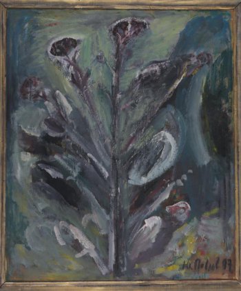 На многоцветном фоне изображено растение с раскидистыми ветками, на ветках вверху зонтики колючек. Живопись пастозная.