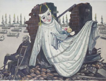На фоне разрушенного дома изображены справа налево сидящий мужчина в темных очках с костылем, женская маска в белом платье с цветами, каска с фашистской свастикой. Вдали - ракеты, танки.